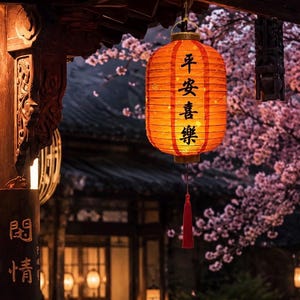Może przedstawiać: Cylindryczny pomarańczowy papierowy lampion z pionowo ułożonymi czarnymi chińskimi znakami na powierzchni. Lampion jest zawieszony na ciemnej drewnianej konstrukcji i posiada mały czerwony chwost zwisający z dolnej środkowej części.