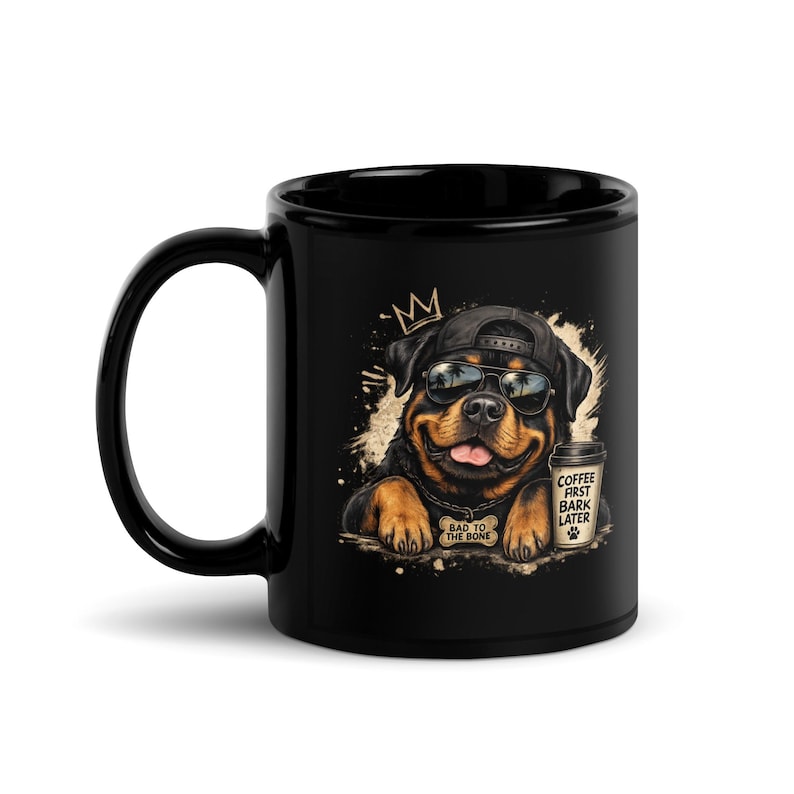 Coffee First, Bark Later Rottweiler mug shown from another angle