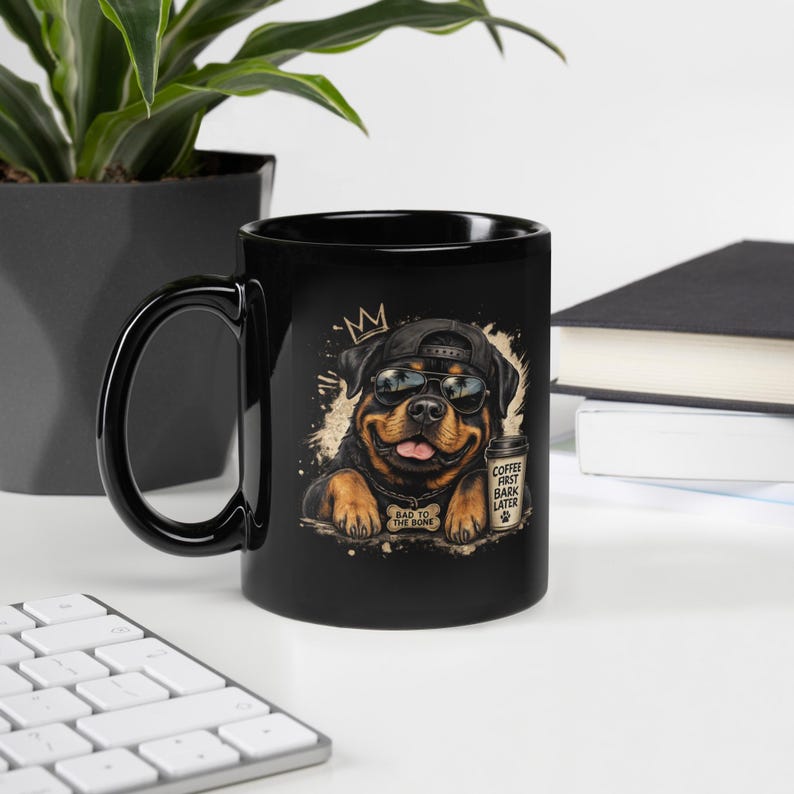 Black glossy Rottweiler mug with Coffee First, Bark Later print