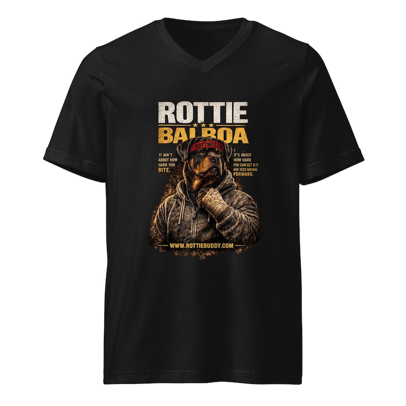 Rottie Balboa unisex short sleeve V-neck t-shirt front view