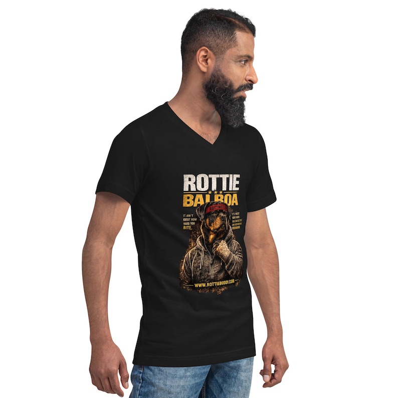 Rottie Balboa V-neck t-shirt shown on a model