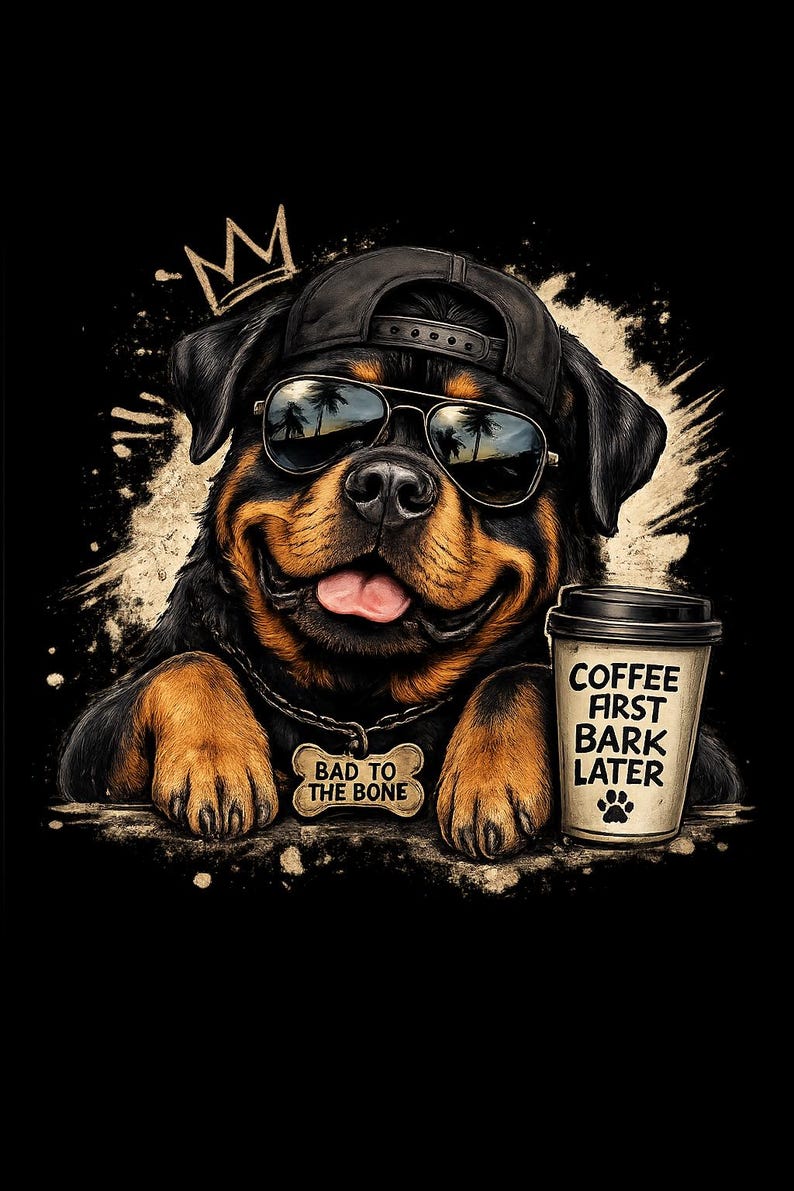 Coffee First, Bark Later Rottweiler t-shirt shown on a model