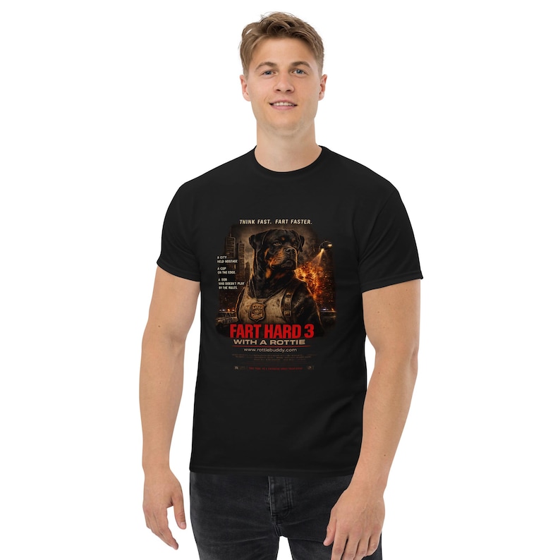 FART HARD 3 Rottweiler tee shown on a model