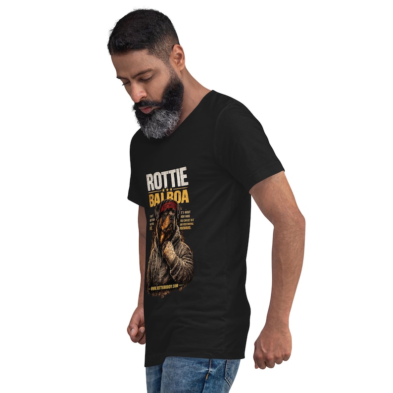 Rottie Balboa t-shirt fabric and v-neck detail