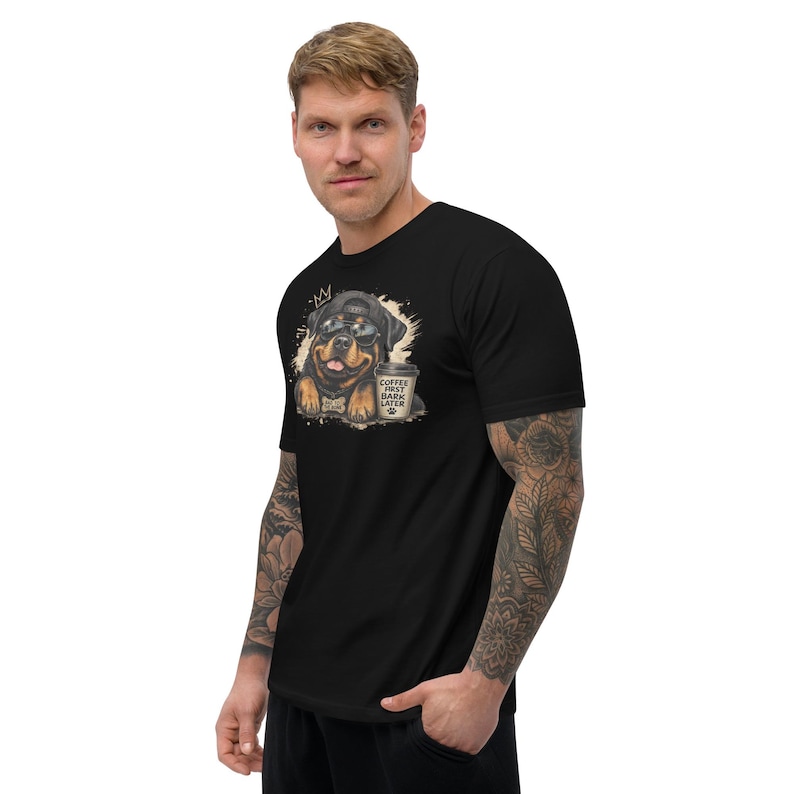 Coffee First, Bark Later Rottweiler short sleeve t-shirt front view