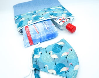 kit mascherina + pochette con zip, per conservare il gel e le salviette oltre che la mascherina abbinata, regalo festa della mamma