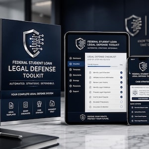 以下が含まれることがあります： ダークブルーのFederal Student Loan Legal Defense Toolkitボックスセット、法的防御チェックリストを表示するタブレット、ケース戦略インターフェースを表示するスマートフォン。ロゴは回路基板パターンの銀色の盾です。