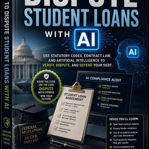 May include: A book titled How to Dispute Student Loans with AI featuring a dark blue cover with a graduation cap on a book, a clipboard with a student loan agreement, a laptop showing an AI compliance audit, and text about legal strategies.