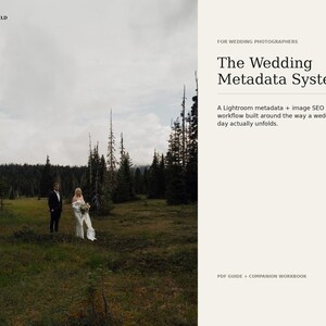 May include: A digital guide titled The Wedding Metadata System for wedding photographers, featuring a photograph of a couple in a field with trees. The text includes Frame & Field, For Wedding Photographers, and PDF Guide + Companion Workbook.