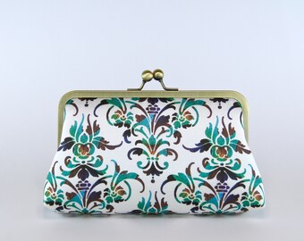 Peacock Damask Clutch with Silk lining