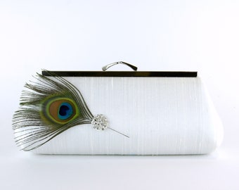 EllenVintage Peacock Silk Clutch in Ivory with Real Feather