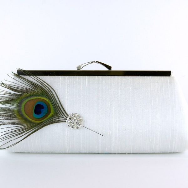 EllenVintage Peacock Silk Clutch in Ivory with Real Feather