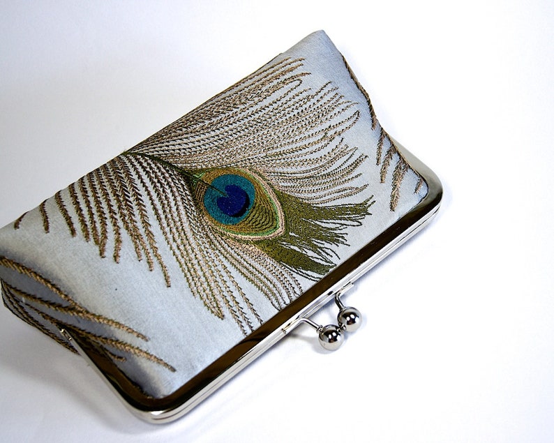 Peacock Embroidered Silk Clutch in Ivory image 5