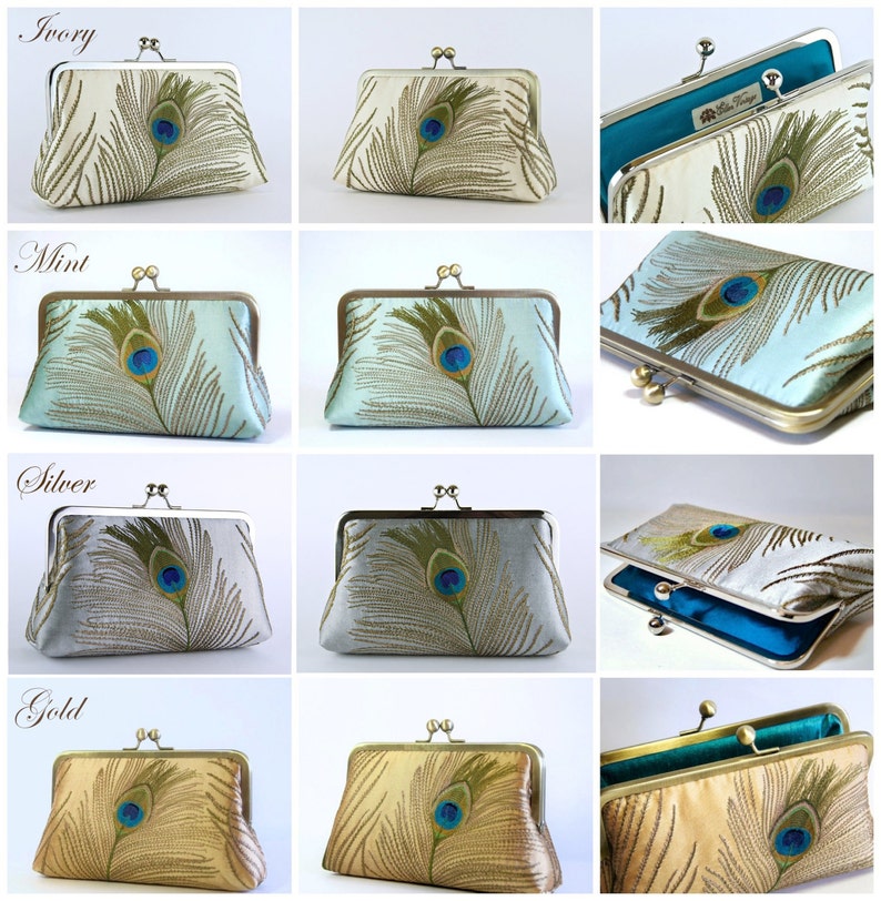 Peacock Embroidered Silk Clutch in Ivory image 10