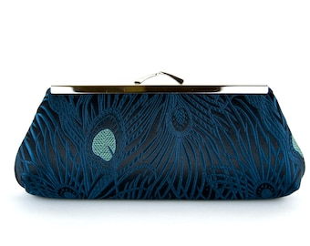 EllenVintage Peacock Dark Teal & Black Clutch with Silk lining