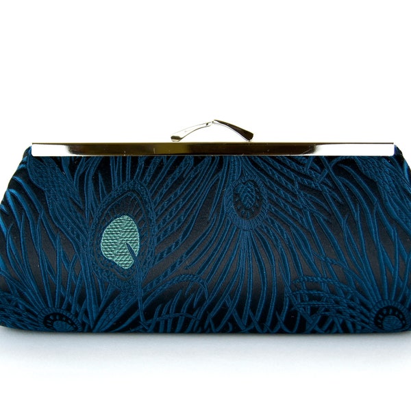 EllenVintage Peacock Dark Teal & Black Clutch with Silk lining