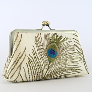 Peacock Embroidered Silk Clutch in Ivory