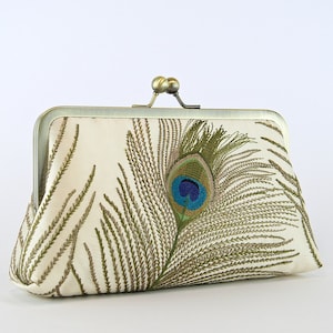 Peacock Embroidered Silk Clutch in Ivory image 1