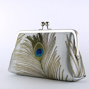 Peacock Embroidered Silk Clutch in Ivory image 6