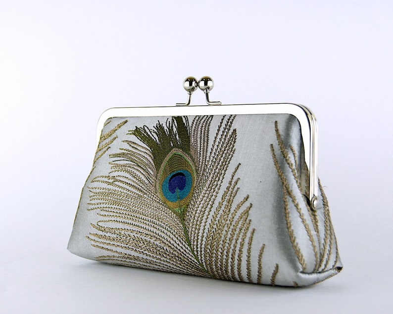 Peacock Embroidered Silk Clutch in Ivory image 6