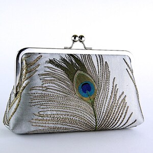 Peacock Embroidered Silk Clutch in Ivory image 4