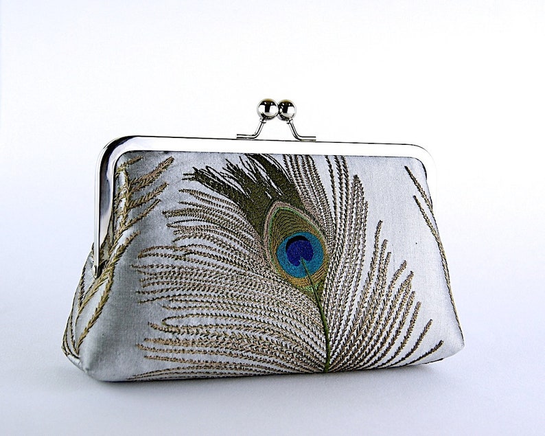 Peacock Embroidered Silk Clutch in Ivory image 4