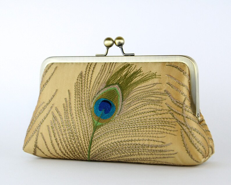 Peacock Embroidered Silk Clutch in Ivory image 8