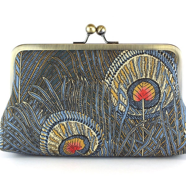 EllenVintage Hera Liberty Peacock Clutch in Blue Teal and Pink, Bridal clutch, Gift ideas, Bridesmaid clutch