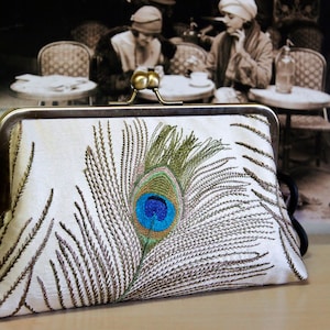 Peacock Embroidered Silk Clutch in Ivory, Gold, Silver