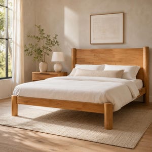 May include: A light brown wooden bed frame with a tall headboard and cylindrical legs. The bed is dressed with white bedding, including two pillows and a long rectangular bolster pillow. The frame features a natural wood grain finish throughout.