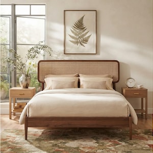 May include: A wooden bed frame with a rounded headboard featuring a natural woven cane panel. The bed is dressed in neutral-toned bedding with matching pillows. Two wooden nightstands with single drawers flank the bed, each with a flat top surface.