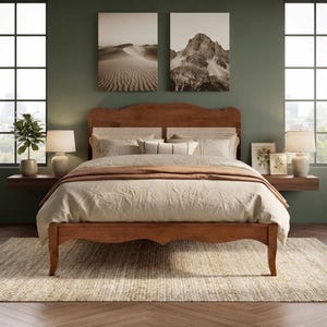 May include: A wooden bed frame with a curved headboard featuring light-colored woven cane paneling. The frame has a warm brown finish and stands on four tapered legs. The bed is dressed in a neutral-toned comforter with matching pillows.