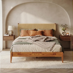 Bed Frame Solid Wood Platform Bed with Headboard, US Patented Rustic Modern Bedframe Acacia Wood Noiseless Minimalist Bedroom Furniture