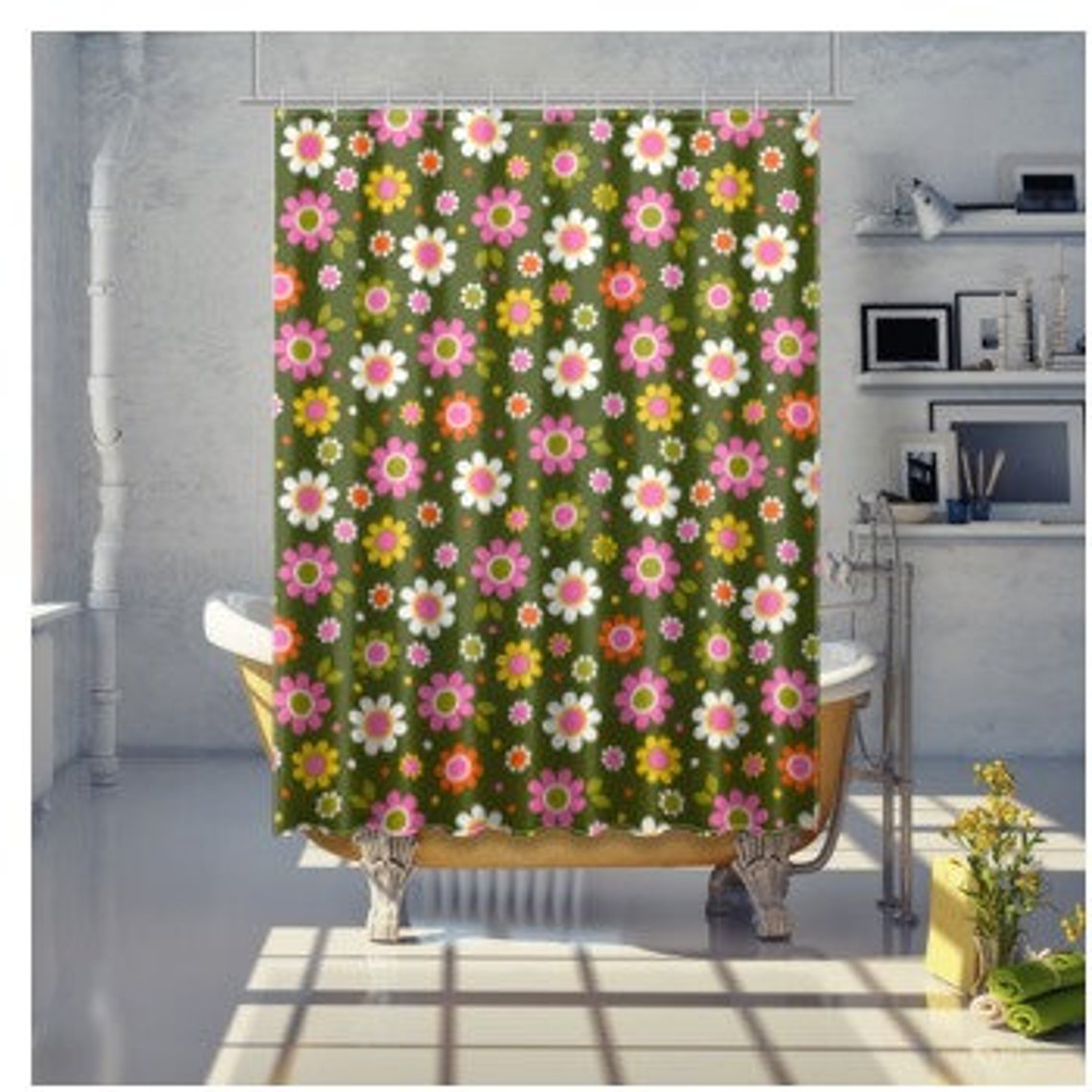 1960s Shower curtains 60s Home Daisy Room Decor Retro Mid | Etsy