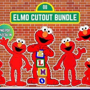 Peut inclure: Un graphique numérique présentant plusieurs personnages rouges Elmo sur un fond de mur en briques. Le texte indique 08 ELMO CUTOUT BUNDLE et PNG, PDF 24X36 IN. Un Elmo central tient des blocs épelant ELMO, tandis que d'autres saluent ou sont assis.