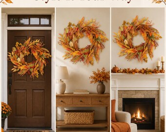 Rustieke herfstkrans van 50 cm met herfstbladeren en bessenaccenten. Oogstthema voor de voordeur, Thanksgiving, landelijke huisdecoratie.