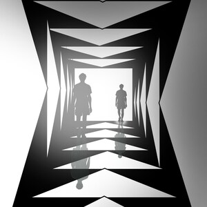 Arte de parede abstrata "Threshold", impressão geométrica em túnel, pôster minimalista em preto e branco, decoração moderna e contemporânea para casa ou escritório.