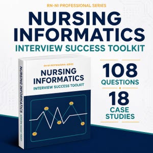 May include: A book titled Nursing Informatics Interview Success Toolkit from the RN-NI Professional Series. The cover is white and dark blue with a line graph graphic featuring orange data points. It includes 108 questions and 18 case studies.