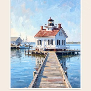 May include: An oil painting titled Roanoke Marshes Light, Blue Sky Morning, depicting a white lighthouse with a red roof at the end of a wooden pier, surrounded by blue water and a light blue sky, with a small boat docked near a grey building.