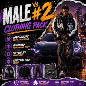FiveM Kledingpakket voor Mannen V2, Personageaanpassingspakket, Kapsels, Hoodies, Kettingen, Accessoires, ESX QBCore Qbox Standalone