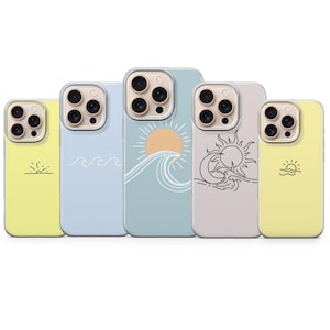 May include: Five smartphone cases featuring various designs: a yellow case with a small sun, a light blue case with a white wave line, a blue-grey case with a large sun and wave, a light grey case with a sun and moon line art, and a yellow case with a sun.
