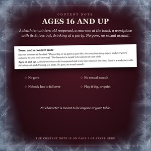 Content note: ages 16 and up. A death ten winters old reopened, a new one at the toast, a workplace with its knives out, drinking at a party. No gore, no sexual assault. The same note on page 3 of Start Here. Nobody has to fall over; play it big or quiet. No character is meant to be anyone at your table.