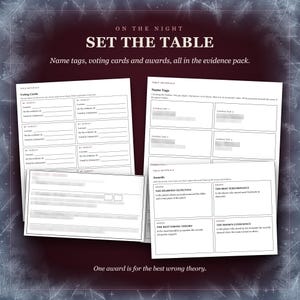 Set the table: name tags with the names blurred, voting cards, a team verdict card blurred, and the awards, all in the evidence pack: the sharpest detective, the best performance, the best wrong theory and the room's conscience. One award is for the best wrong theory.