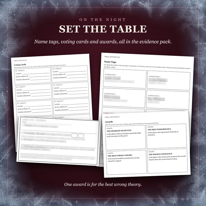 Set the table: name tags with the names blurred, voting cards, a team verdict card blurred, and the awards, all in the evidence pack: the sharpest detective, the best performance, the best wrong theory and the room's conscience. One award is for the best wrong theory.