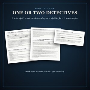 Who it's for: one or two detectives. A date night, a solo puzzle evening, or a night in for a true crime fan. Below, exhibit pages with their text blurred. Work alone or with a partner. Ages 16 and up.