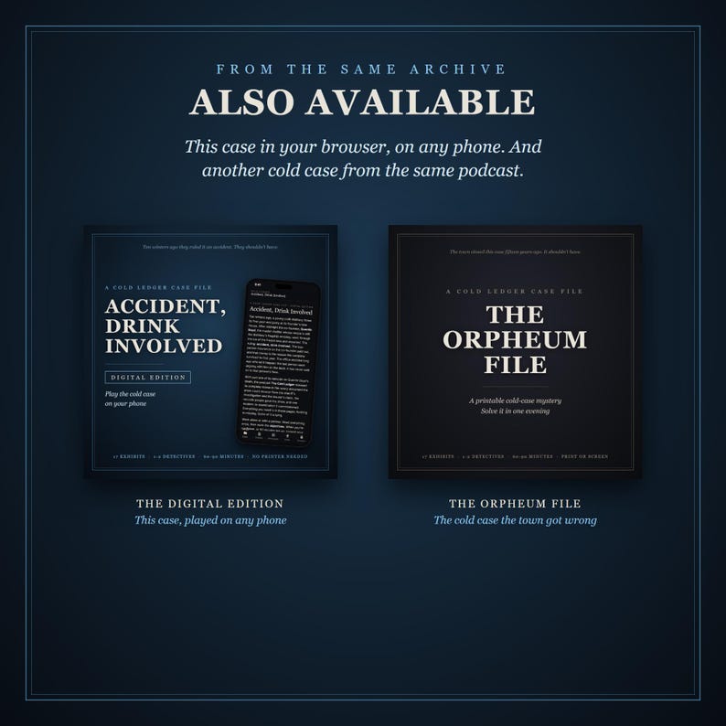 Also available, from the same archive: this case in your browser, on any phone, and another cold case from the same podcast. The covers of Accident, Drink Involved's digital edition and The Orpheum File.