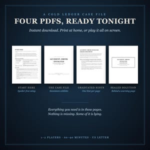 The first page of each of Accident, Drink Involved's four PDFs: Start Here, the case file cover, the graduated hints and the sealed solution's warning page.