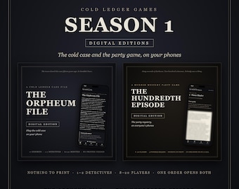 Paquete de juegos de misterio y asesinato, ediciones digitales: El centésimo episodio, juego de fiesta para teléfonos móviles para 8-20 personas y El caso sin resolver del archivo Orpheum para 1-2 personas.