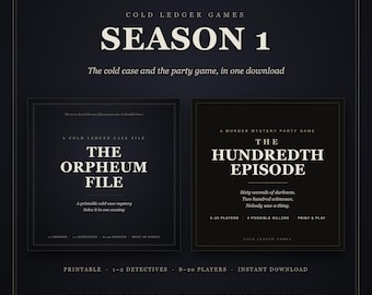 Paquete de juegos de misterio y asesinato: El centésimo episodio (juego de mesa para 8-20 jugadores) y El caso sin resolver del archivo Orpheum (para 1-2 jugadores), imprimible.