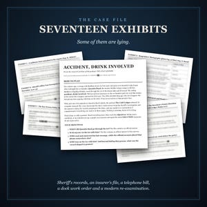 Five pages of the case file fanned on a dark table: the opening page with How to Play and the four objectives on top, and four exhibit pages beneath it with their titles showing and their text blurred to avoid spoilers.